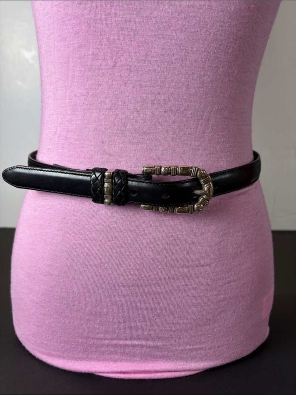 Brighton Black Leather Skinny Belt Silver Buckle Boho Western Size Medium 30